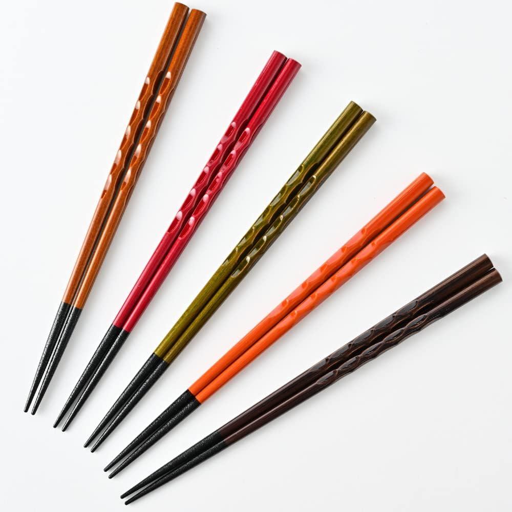 Ohashi Koujou Carved Wood Chopsticks Set 5 Pairs 23cm | Antibacterial, Dishwasher Safe - Japanese Chopsticks