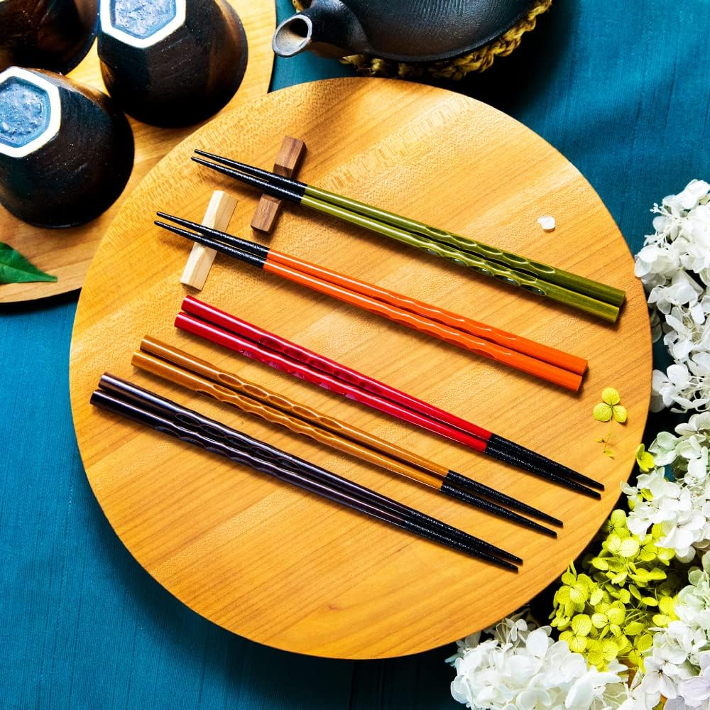 Ohashi Koujou Carved Wood Chopsticks Set 5 Pairs 23cm | Antibacterial, Dishwasher Safe - Japanese Chopsticks