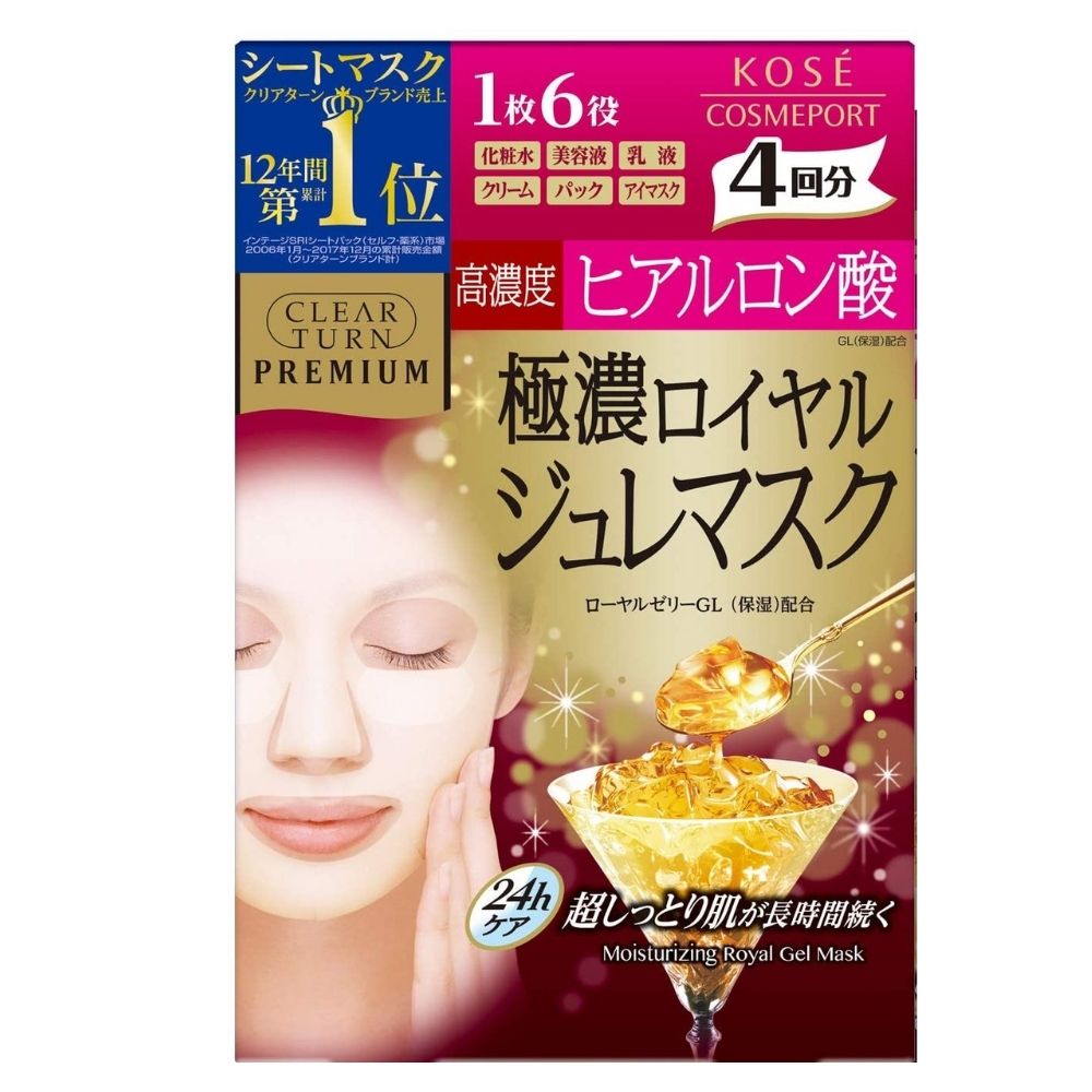 Kose Clear Turn Premium هو قناع مضاد للتشجيع للوجه مع تركيز عالٍ من حمض الهيالورونيك ، 4 أجزاء.