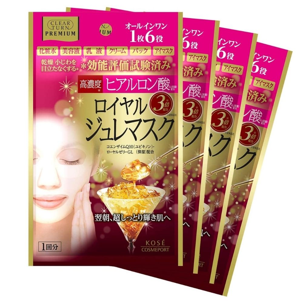 Kose Clear Turn Premium هو قناع مضاد للتشجيع للوجه مع تركيز عالٍ من حمض الهيالورونيك ، 4 أجزاء.
