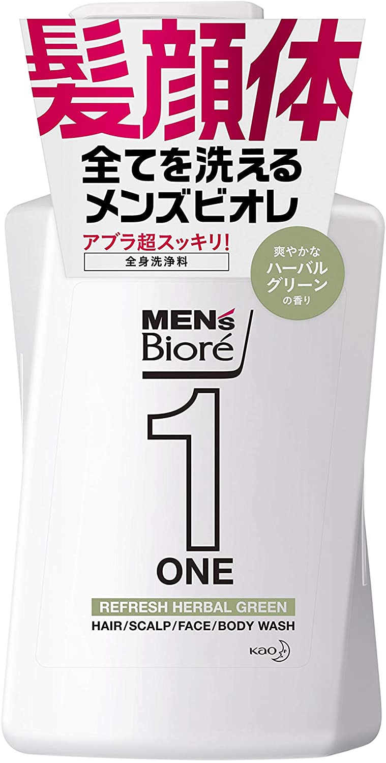 Men's Biore - Shampoo, Facial washbasin and shower gel In one bottle for men, the smell of green herbs, 480 ml